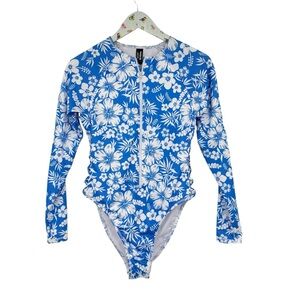 HURLEY Women’s Size Medium blue floral Surf Rash Guard One Piece Swimsuit NEW